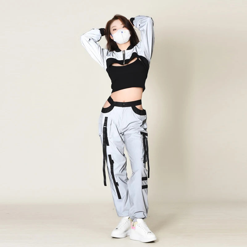 Reflective Hip-Hop Women's Hollow-Out Long Sleeve Patchwork Sweatshirt/Zipper Jacket + Cargo Strap Detail Sweatpants Tracksuit
