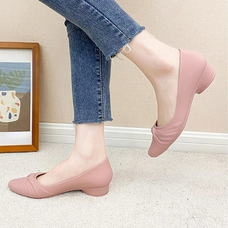 Ladies Slip-On Waterproof PVC Shallow Low Heel Pointed Toe Pumps