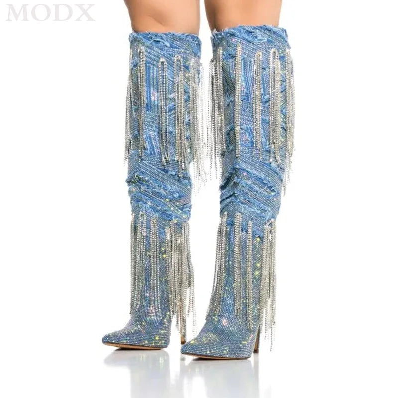 Denim Crystal Metallic Tassel Fringe Rhinestone Embellished Pointed Toe Stiletto Knee-High Western Cowgirl Boots