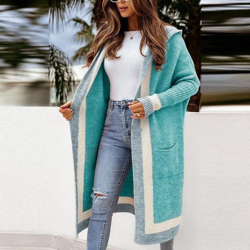 Colorblock Striped Hem Design Knitted Pocketed Open Stitch Women's Long Sleeve Maxi Hoodie Sweater