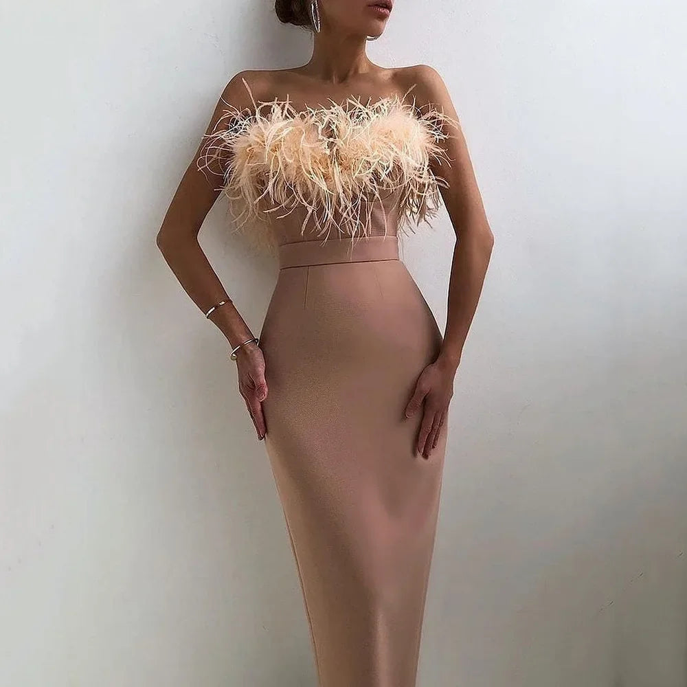 2024 New Cross-border Spring Summer Women's Fashion Tank Feather Dress Elegant Slimming Arm-covering Gown For Banquets