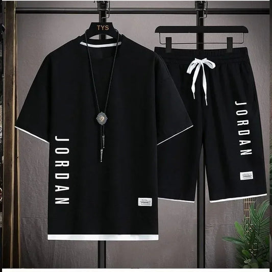 Men's Fitness "Jordan" O-Neck Short Sleeve T-Shirt + Drawstring Basketball Shorts 2-Piece Set
