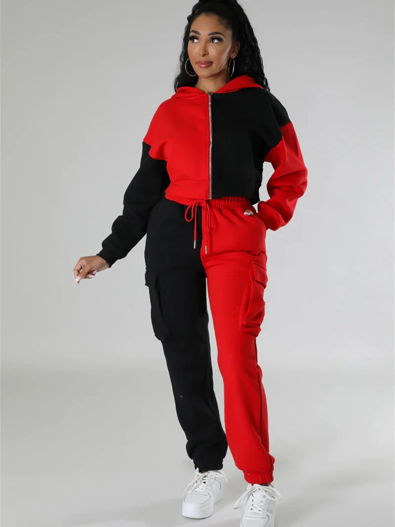 Fleece Colorblock Hoodie Zipper Jacket + Elastic Waist Sweatpants Women's Tracksuit