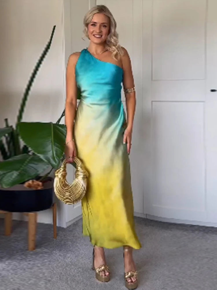 Gradient Long Dress Women Elegant One Shoulder Sleeveless Party Dress Female 2024 Summer Backless Tie-dye Lady Mermaid Robe