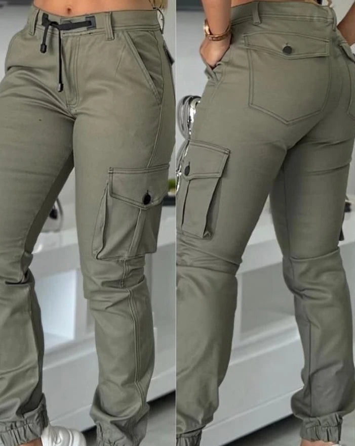 Olive Color Elastic High Waist Women's Multi-Pocket Design Cuffed Cargo Skinny Pants