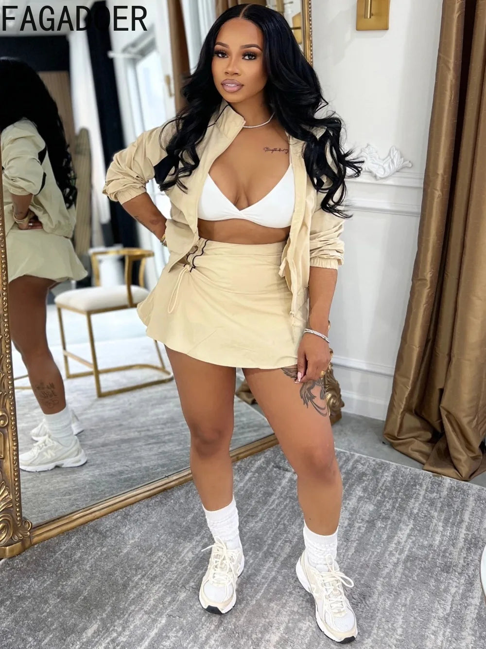 Striped Stand Collar Women's Zipper Fitness Jacket+ Drawstring Ruched Mini Tennis Skirt Solid Color 2-Piece Set