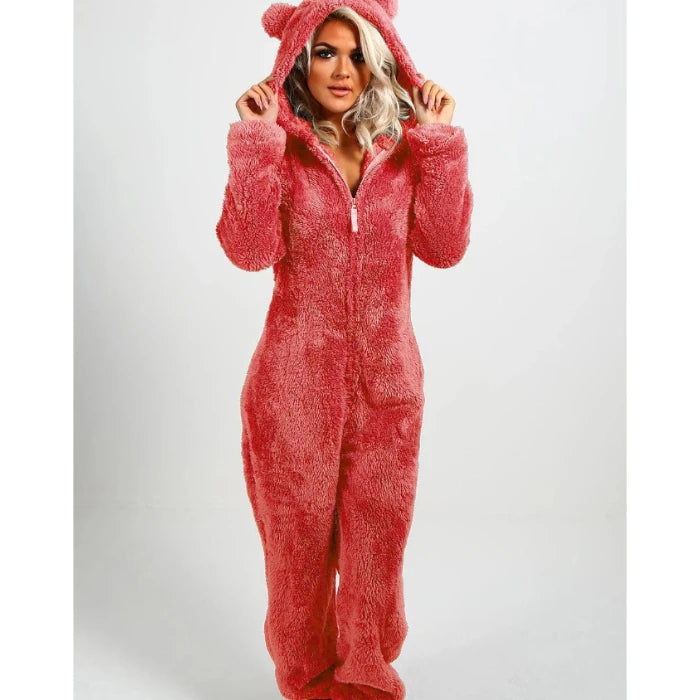 Faux Fur Fleece Women's Onesie Zipper Hoodie Teddy Jumpsuit