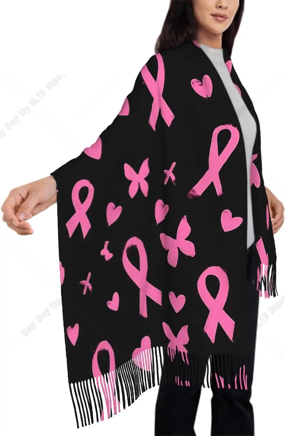 Oversized Heart Breast Cancer Awareness Pink Ribbon Print Tassel Fringe Shawl Scarf