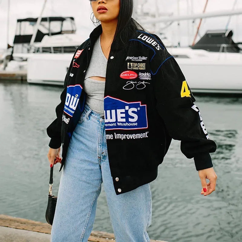 Streetwear Hip-Hop Patchwork Women's Multi Logo Biker Racing Zipper Bomber Jackets