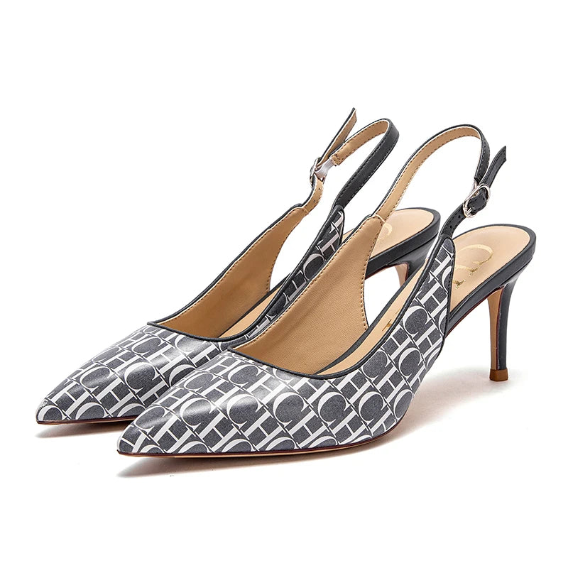Monogram Letter Print Women's Slingback Buckle Strap Pumps