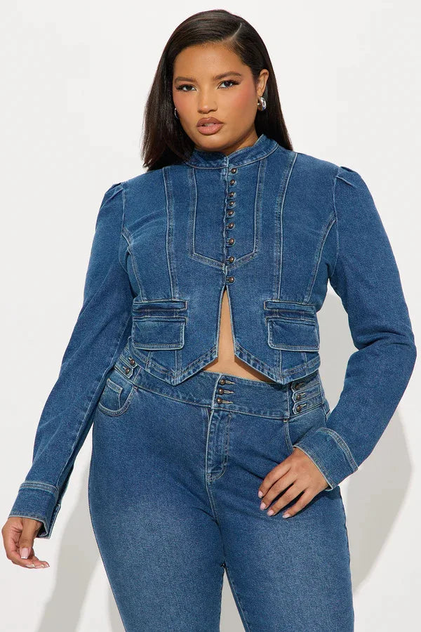 Denim Blue Mandarin Collar Women's Crop Jean Jacket + Jeans Matching 2-Piece Set