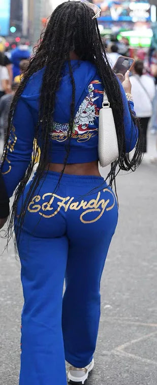 "Ed Hardy" Print Crop Zipper Hoodie Jacket + Drawstring Sweatpants Women's Tracksuit