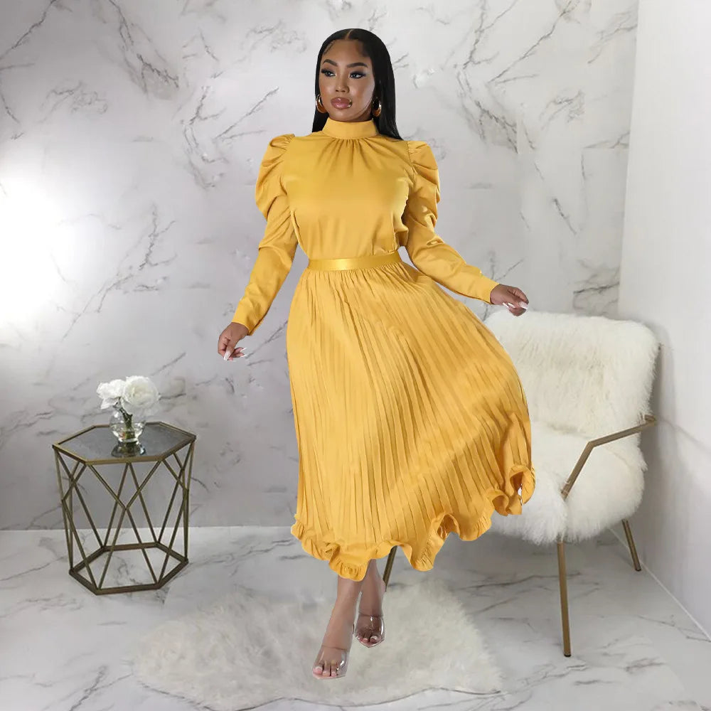 Women’s Solid Color O-Neck Lantern Sleeve Blouse + A-Line Flounce Formal Pleated Maxi Skirt w/ Sash Belt 2-Piece Set