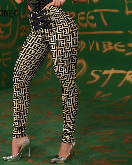 Criss Cross Geometric Print Skinny Pencil Pants