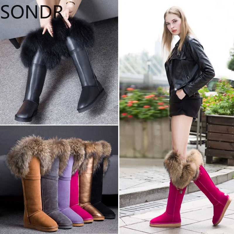 Faux Fur Trim Genuine Leather Solid Knee-High Flat Women's Snowboots