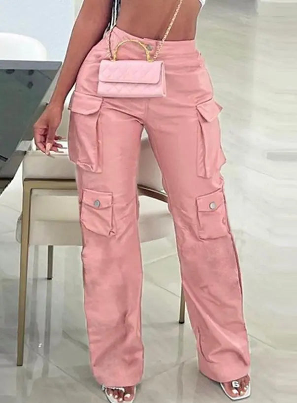 Pink PU Leather Ladies Cargo Pants