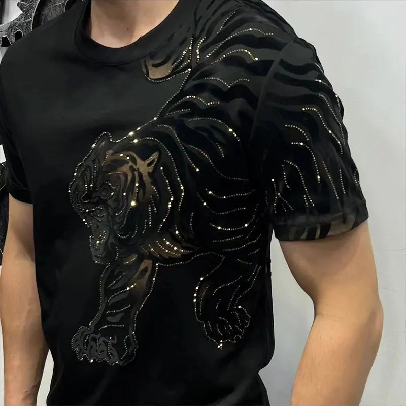 Men's Sequined 3D Tiger Loose Print O-Neck Short Sleeve T-Shirt