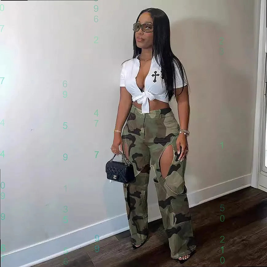 Colored Camoflauge Ripped Hollow-Out Design Women's Cotton High Waist Cargo Multi-Pocketed Streetwear Pants