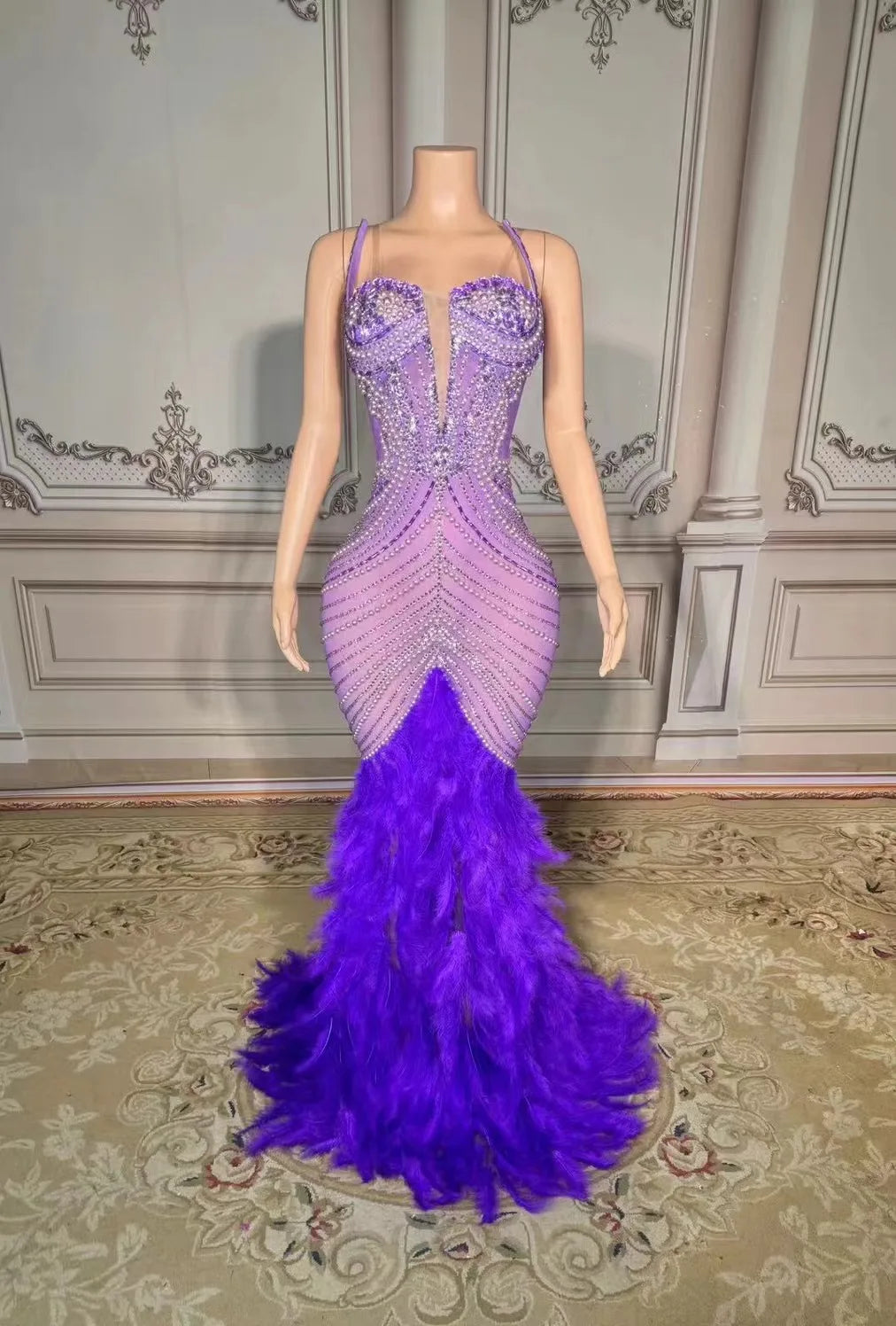 Sparkling Metallic Rhinestone Pearl Feather Detail Sleeveless Floor-length Party/Prom Formal Maxi Dress to 4X Plus Size