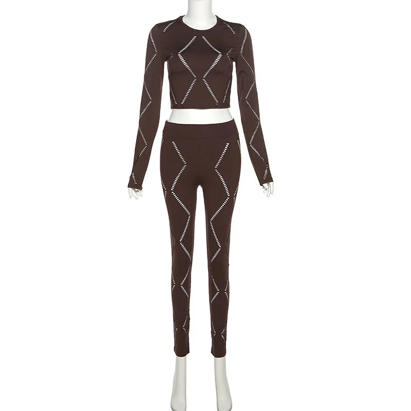 Knitted Geometric Pattern Long Sleeve Crop Top + Matching Biker Shorts Women's Solid Color 2-Piece Set