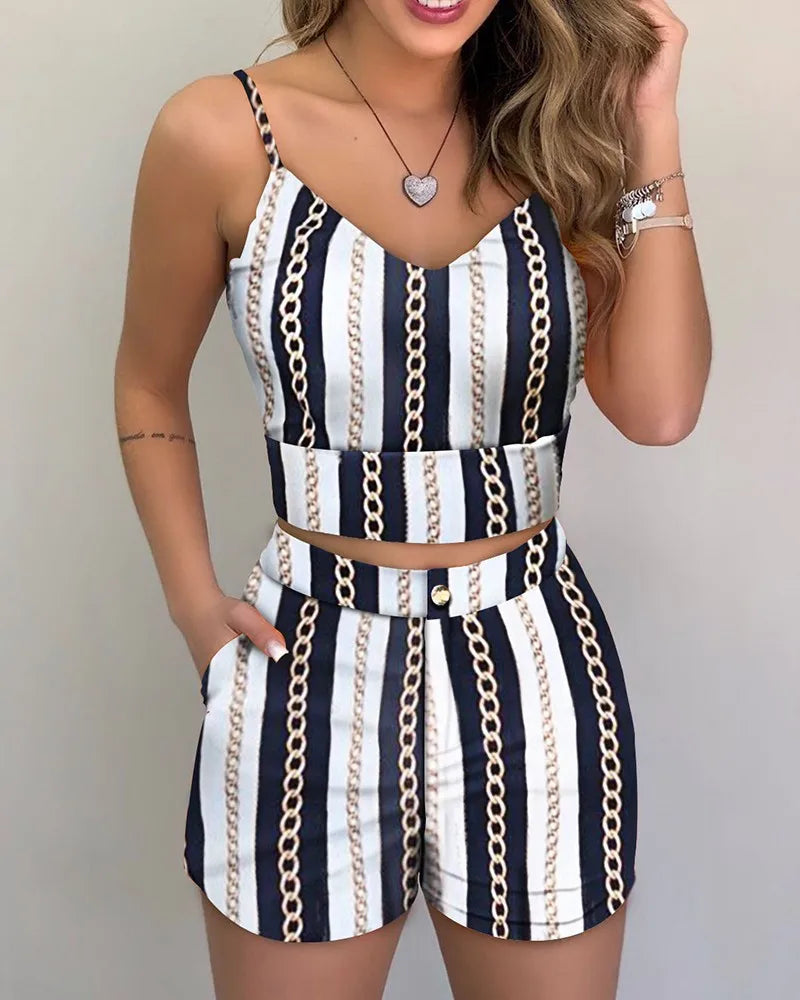 Tropical/Floral/Cherry/Striped Print Women's Crop Tank Top + Matching Shorts 2-Piece Set to 3X Plus Size