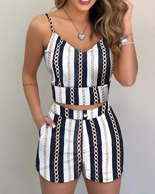 Tropical/Floral/Cherry/Striped Print Women's Crop Tank Top + Matching Shorts 2-Piece Set to 3X Plus Size