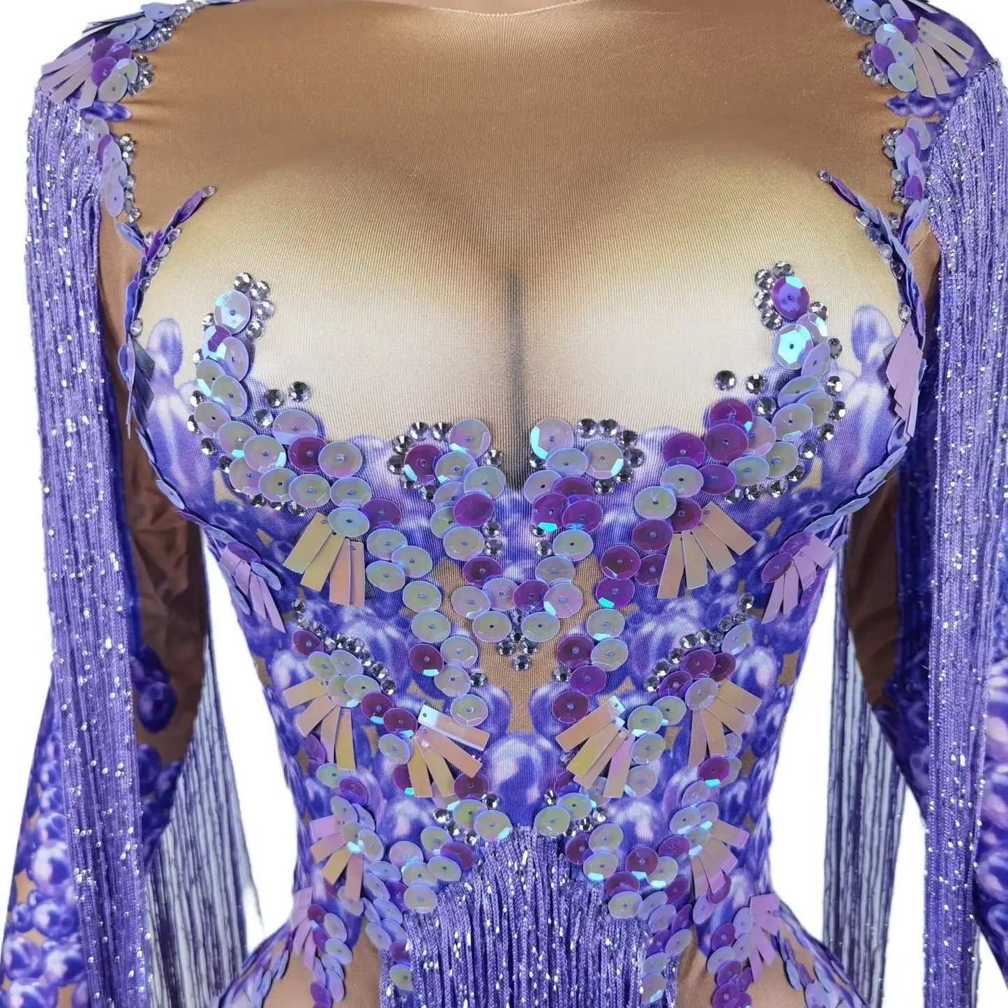 Purple Sequined Glitter Sparkling Fringe Tassel Detail Bodycon Shiny Formal Stage Performance/Dancer Bodysuit