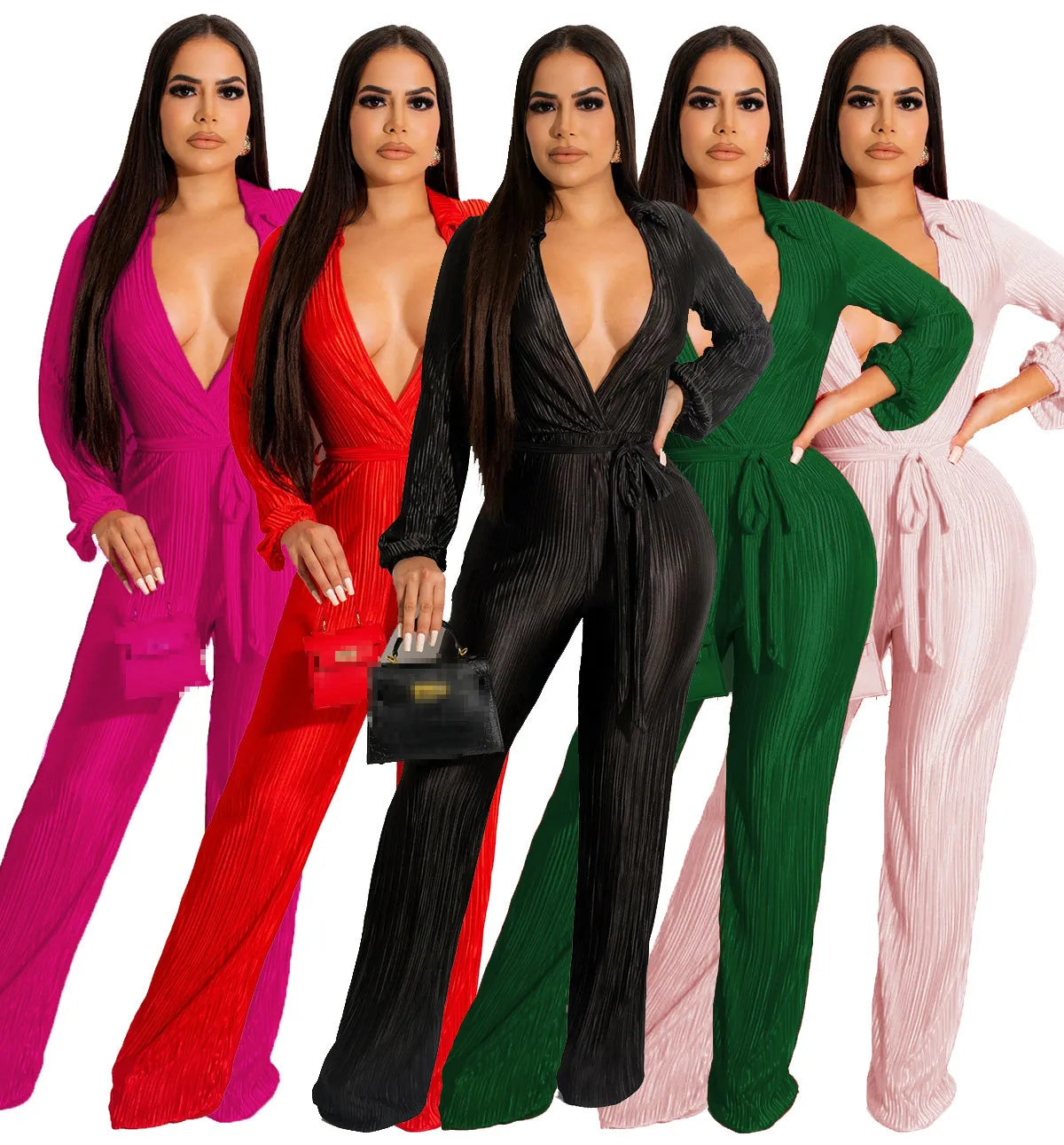 Deep V-Neck Sash Belt Jumpsuit