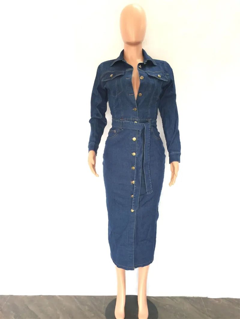 Vintage Denim Long Sleeve Button Up Bodycon Midi Jean Dress