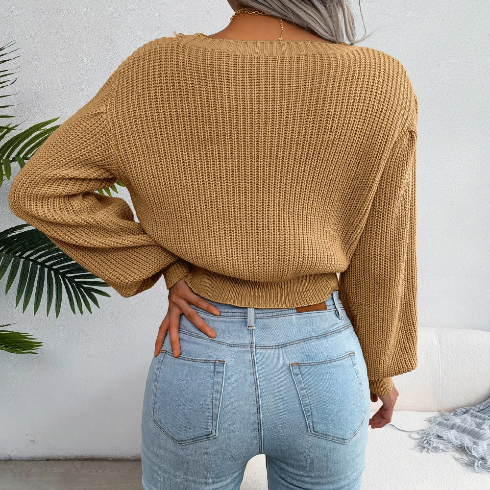 Women's Pullover Lantern Long Sleeve Slim Waist Knitted Sweater