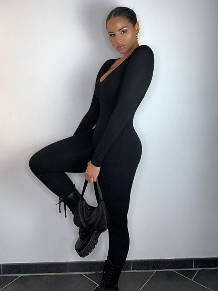 Slash Neck Skinny Solid Long Sleeve Bodycon Jumpsuit