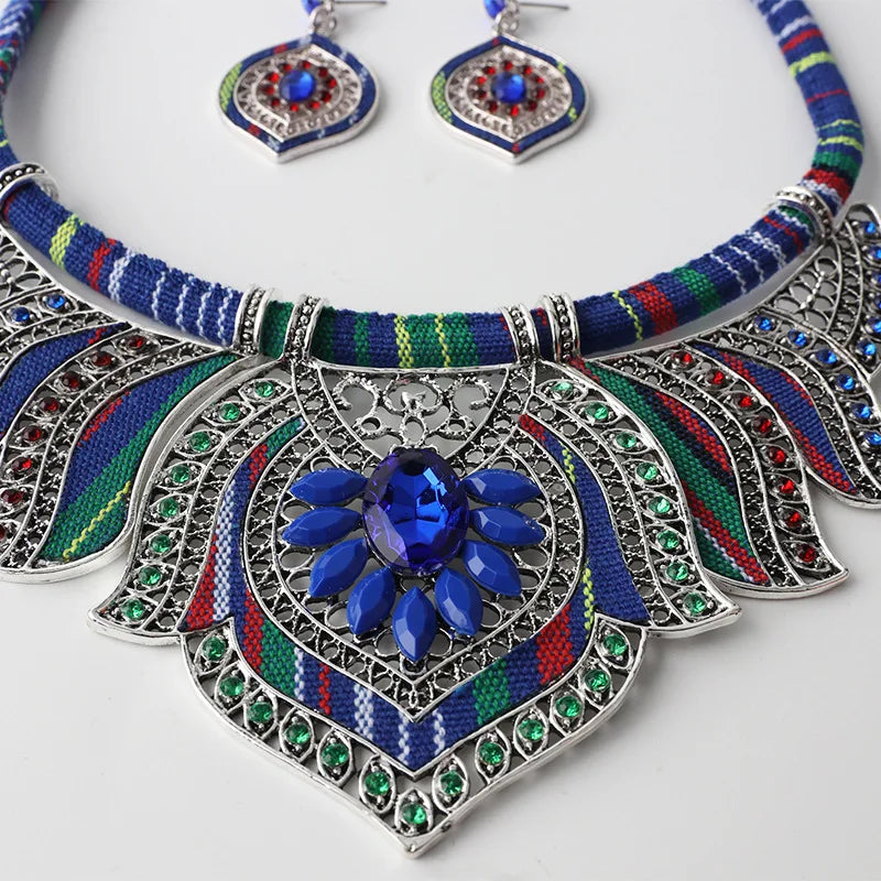 African Geometric Statement Torque Bohemian Choker Necklace w/ Earrings 2-Piece Jewelry Set