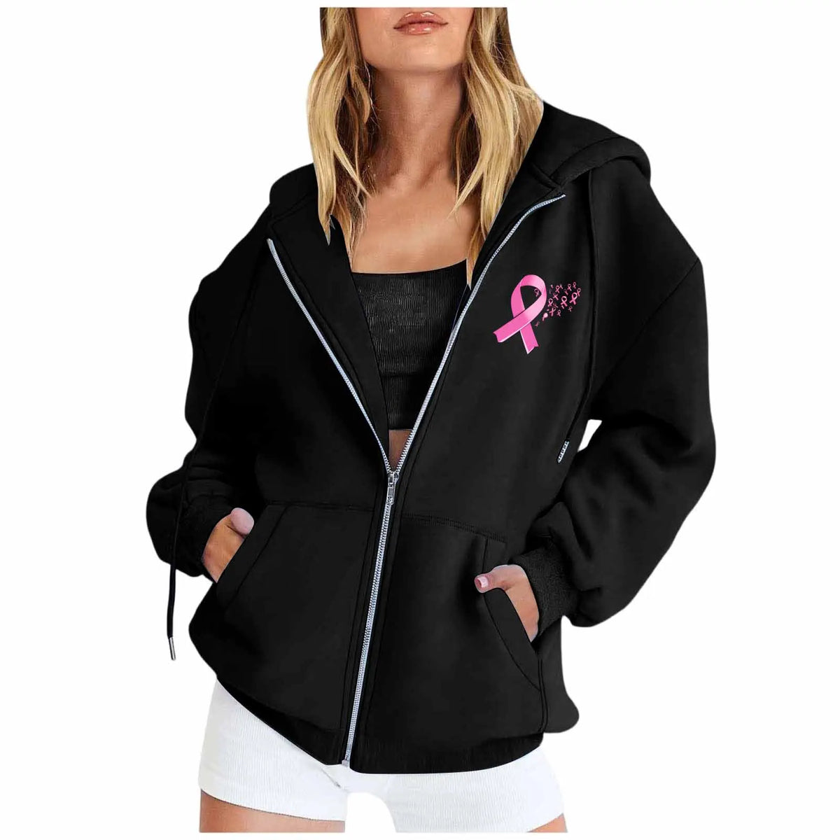 Breast Cancer Awareness Symbol Back Design Women's Zipper Hoodie Sweatshirt to 3X Plus Size