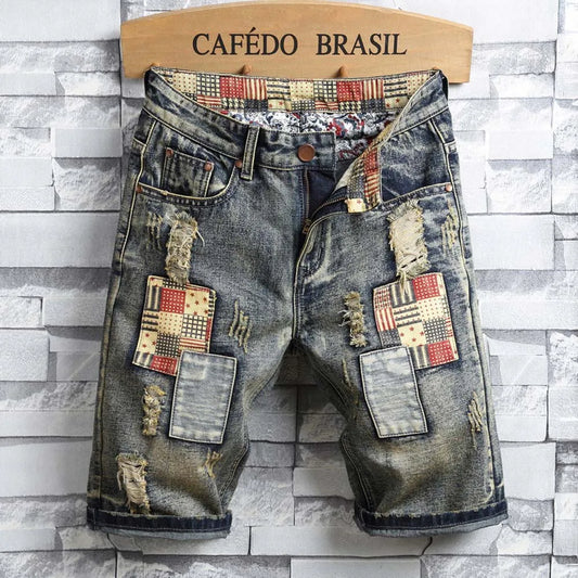 Men's Denim Ripped Short Streetwear Big Hole Vintage Skinny Jean Shorts