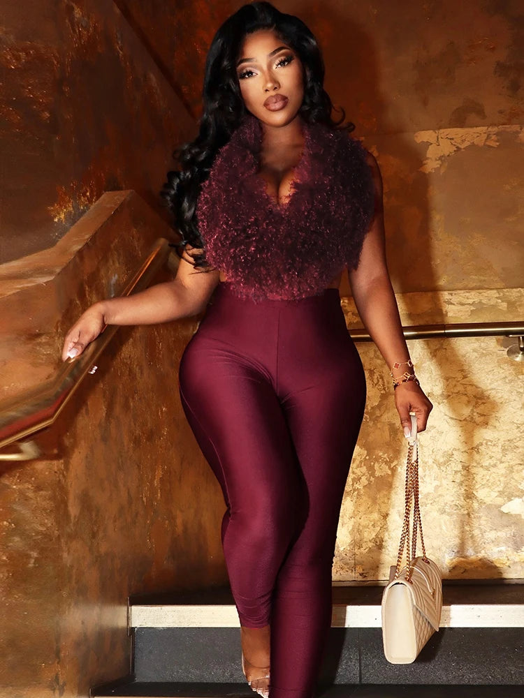 Sleeveless Faux Fur Tassel Lace-Up Halter Women's V-Neck Backless Vest + Elastic Leggings 2-Piece Set