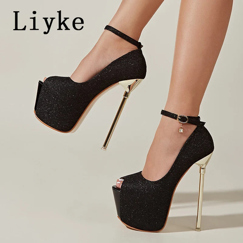 Platform Super High Stiletto  Open Toe Buckle Strap Stripper Pumps