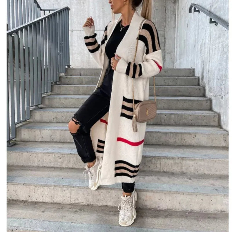 Oversized Colorblock Striped Women's Knitted Patchwork Maxi Sweater