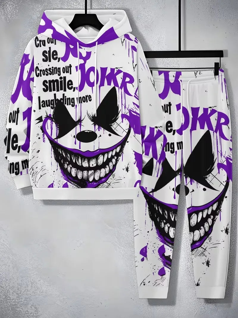 Men's Hip-Hop "HAHA" 3D Clow Graffiti Print Long Sleeve Hoodie Sweatshirt+ Streetwear Drawstring Sweatpants Tracksuit