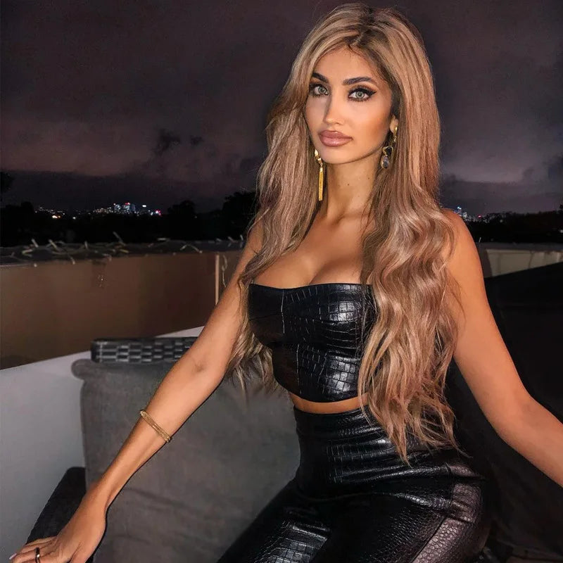 Black PU Leather Croc Pattern Embossed Crop Tube Top + Pants Women's 2-Piece Set