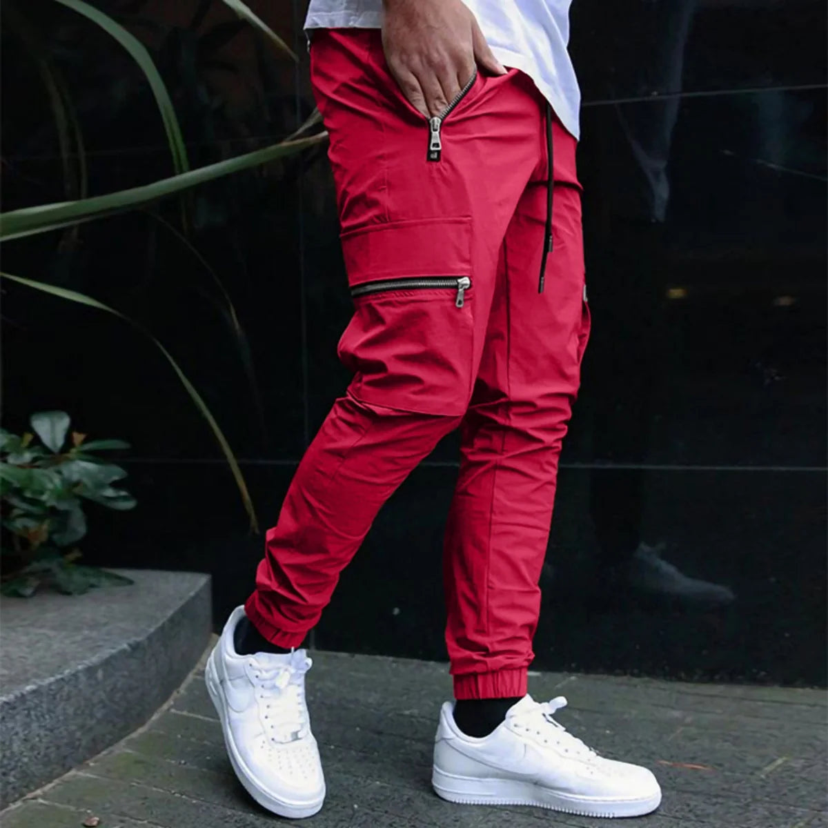 Men's Zipper Pocket Design Drawstring Solid Cargo Pants