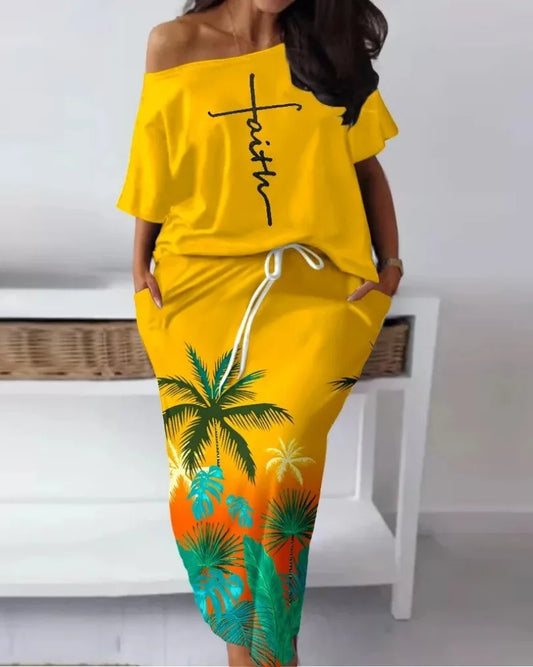 "FAITH" Off Shoulder 1/2 Short Sleeve Ladies Top + Matching Maxi Skirt 2-Piece Set