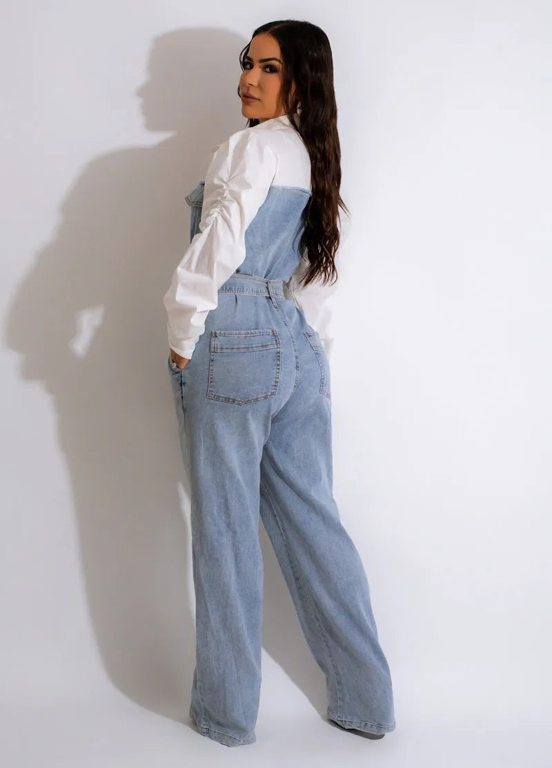 Denim Patchwork Loose Women's Jumpsuit w/ Belt