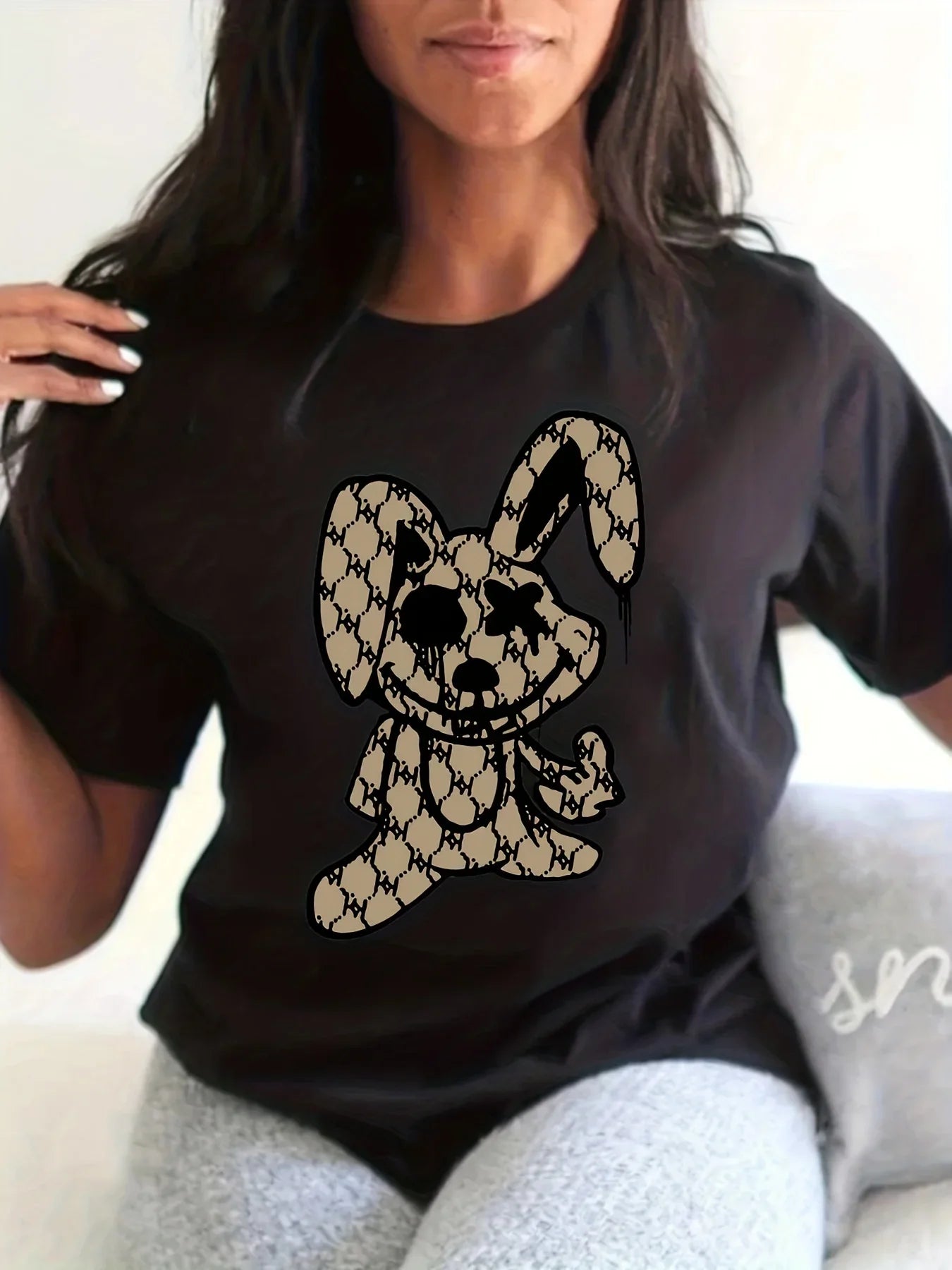 Hip-Hop Plaid Bunny Rabbit Print Women's Short Sleeve Skinny O-Neck T-Shirt to 3X Plus Size