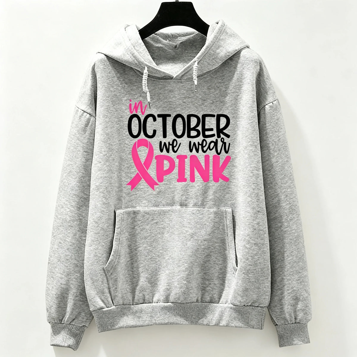 "In October We Wear Pink" Breast Cancer Awareness Long Sleeve Women's Hoodie Sweatshirt to 3X Plus Size