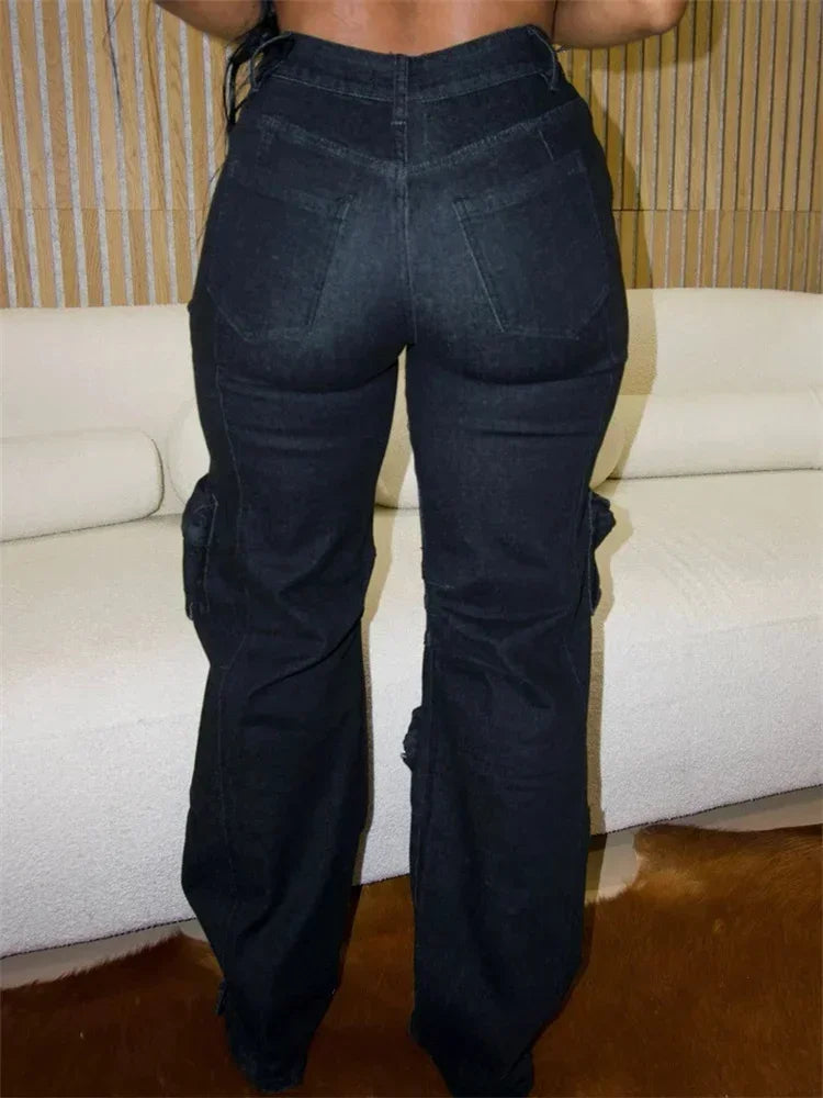 Denim Women's Rhinestone Cut-Out Design Cargo Multi-Pocketed Streetwear Jeans