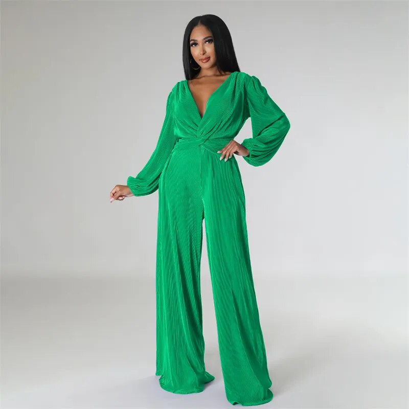 Bubble Sleeve V-Neck High Waist Wide Leg Jumpsuit