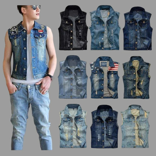 Men Sleeveless Ripped Denim Cowboy Multiple Colors Jean Vests