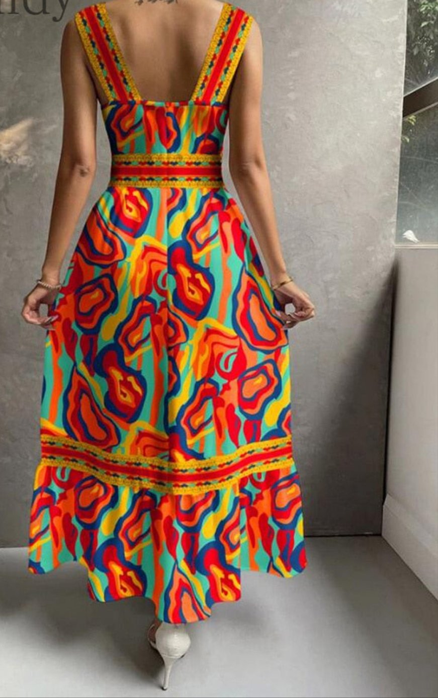 Multi-Color Print Square Neck Sleeveless Maxi Dress