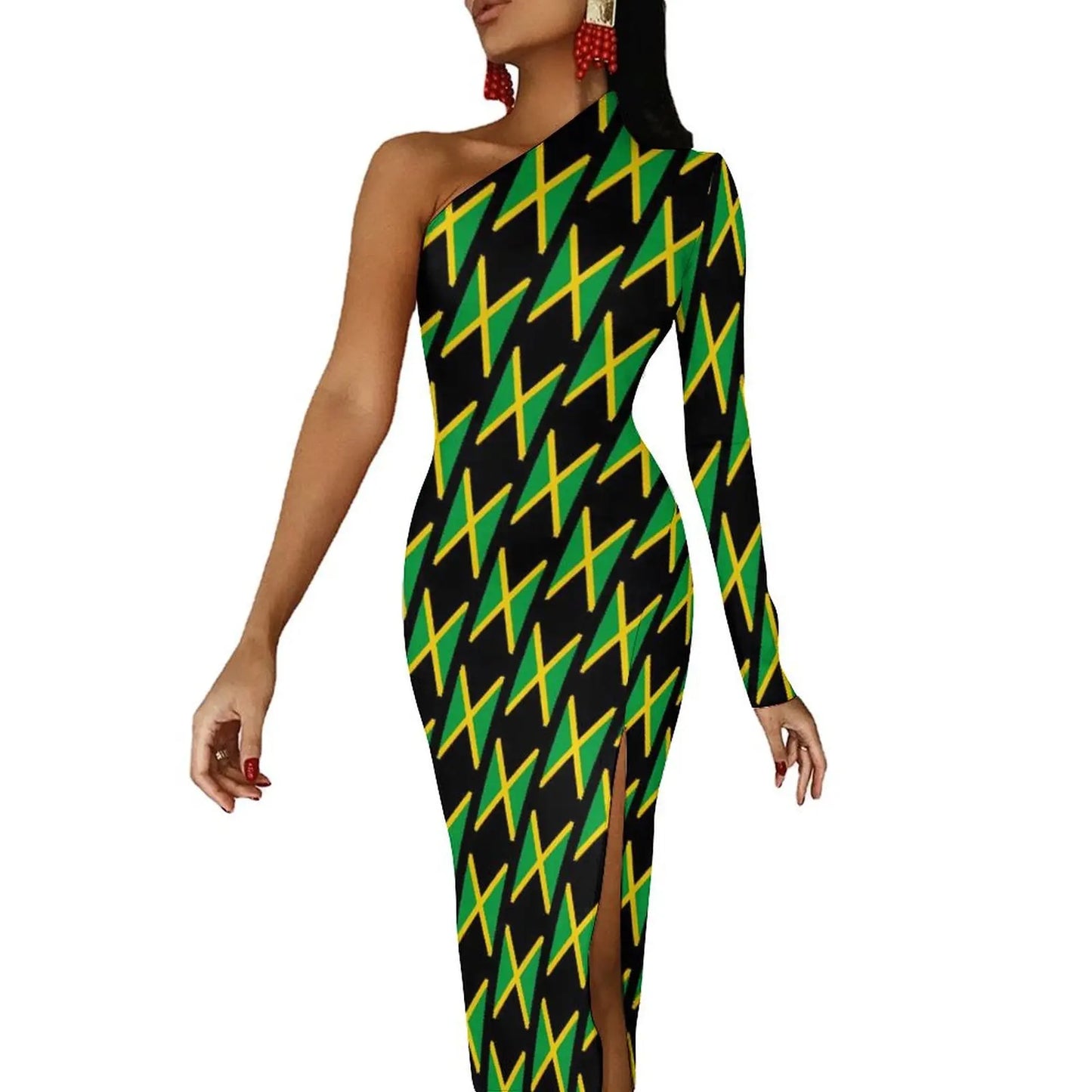 Jamaica Flag Colors Striped/Geometric/Camoflauge High Side Slit One Sleeve Streetwear Bodycon Maxi Dress