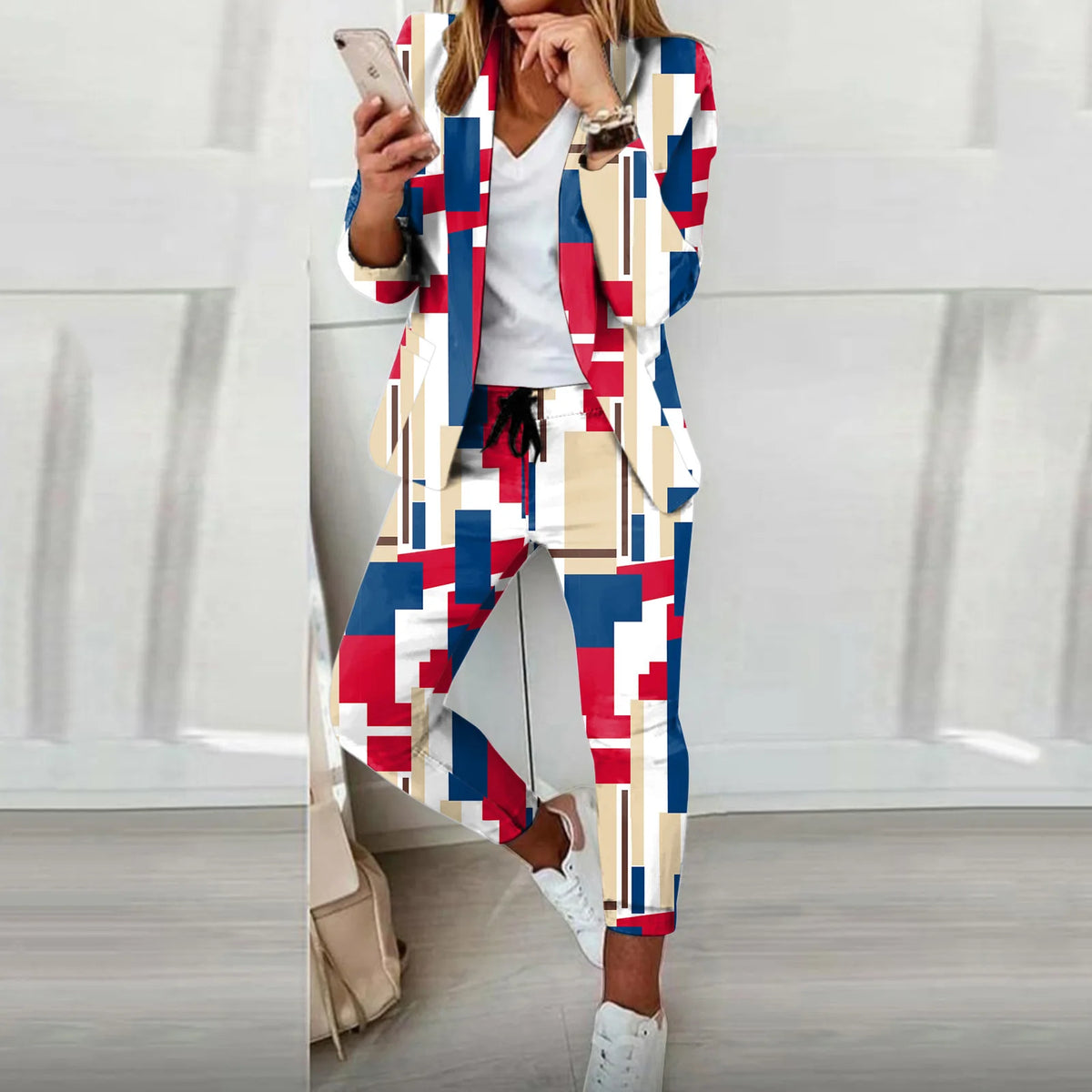 English Plaid Print Blazer Jacket +Matching Ankle Length Pants Women's Suit